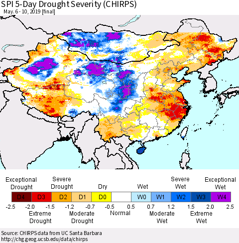 China and Taiwan SPI 5-Day Drought Severity (CHIRPS) Thematic Map For 5/6/2019 - 5/10/2019