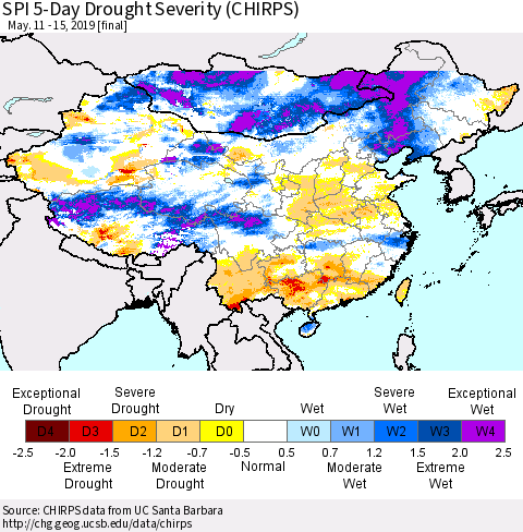 China and Taiwan SPI 5-Day Drought Severity (CHIRPS) Thematic Map For 5/11/2019 - 5/15/2019