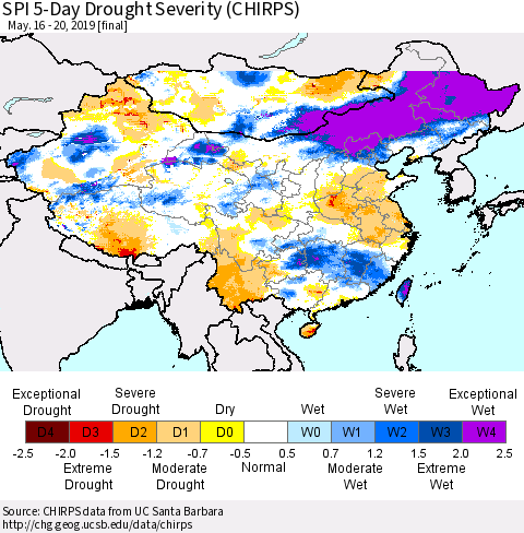 China and Taiwan SPI 5-Day Drought Severity (CHIRPS) Thematic Map For 5/16/2019 - 5/20/2019