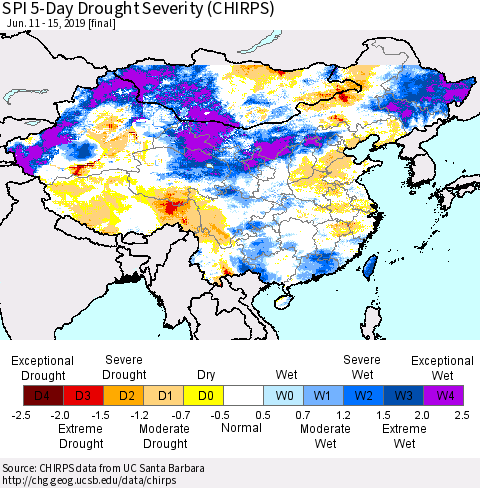 China and Taiwan SPI 5-Day Drought Severity (CHIRPS) Thematic Map For 6/11/2019 - 6/15/2019