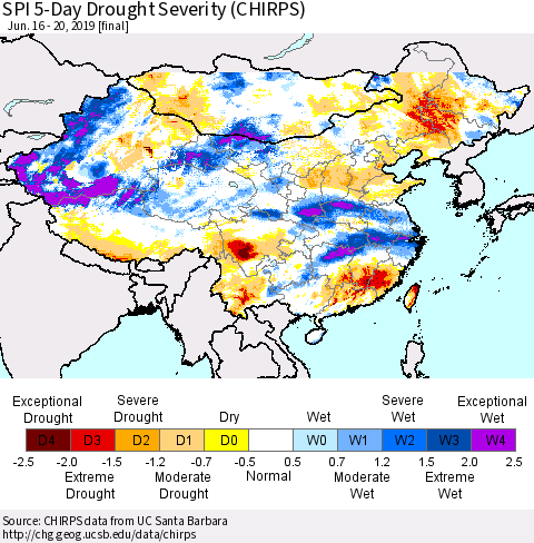 China, Mongolia and Taiwan SPI 5-Day Drought Severity (CHIRPS) Thematic Map For 6/16/2019 - 6/20/2019