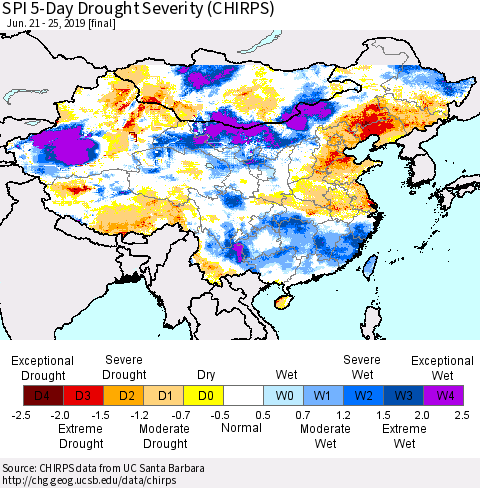 China and Taiwan SPI 5-Day Drought Severity (CHIRPS) Thematic Map For 6/21/2019 - 6/25/2019