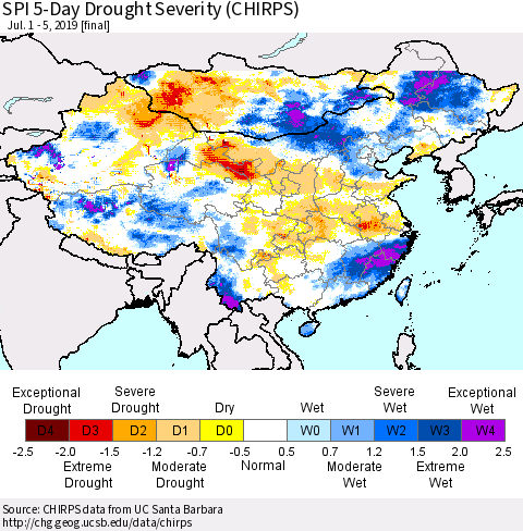 China and Taiwan SPI 5-Day Drought Severity (CHIRPS) Thematic Map For 7/1/2019 - 7/5/2019
