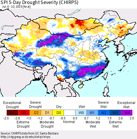 China, Mongolia and Taiwan SPI 5-Day Drought Severity (CHIRPS) Thematic Map For 7/6/2019 - 7/10/2019