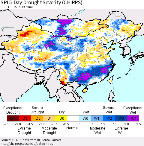 China and Taiwan SPI 5-Day Drought Severity (CHIRPS) Thematic Map For 7/11/2019 - 7/15/2019