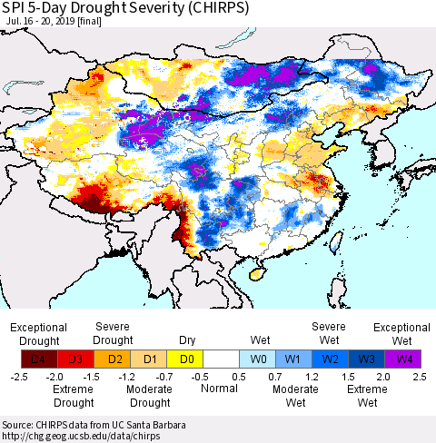 China and Taiwan SPI 5-Day Drought Severity (CHIRPS) Thematic Map For 7/16/2019 - 7/20/2019