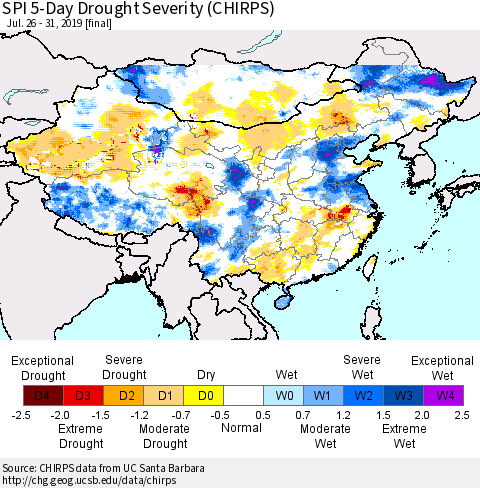 China and Taiwan SPI 5-Day Drought Severity (CHIRPS) Thematic Map For 7/26/2019 - 7/31/2019