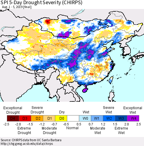 China and Taiwan SPI 5-Day Drought Severity (CHIRPS) Thematic Map For 8/1/2019 - 8/5/2019
