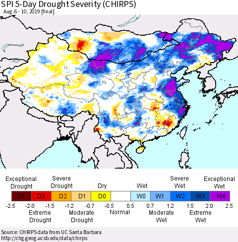 China and Taiwan SPI 5-Day Drought Severity (CHIRPS) Thematic Map For 8/6/2019 - 8/10/2019