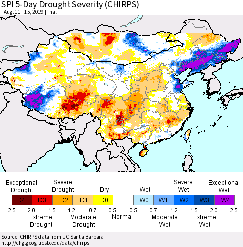 China, Mongolia and Taiwan SPI 5-Day Drought Severity (CHIRPS) Thematic Map For 8/11/2019 - 8/15/2019
