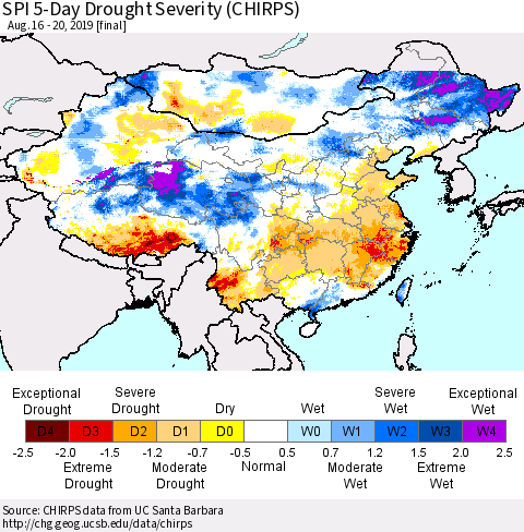 China and Taiwan SPI 5-Day Drought Severity (CHIRPS) Thematic Map For 8/16/2019 - 8/20/2019