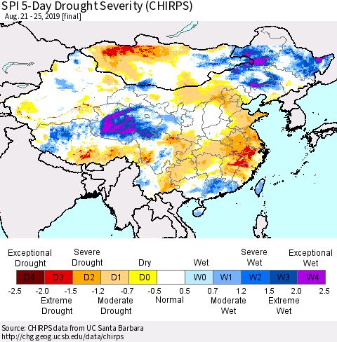 China and Taiwan SPI 5-Day Drought Severity (CHIRPS) Thematic Map For 8/21/2019 - 8/25/2019
