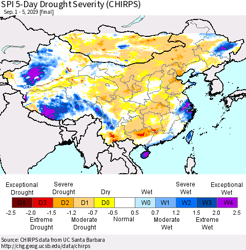 China, Mongolia and Taiwan SPI 5-Day Drought Severity (CHIRPS) Thematic Map For 9/1/2019 - 9/5/2019