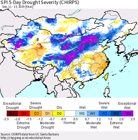 China and Taiwan SPI 5-Day Drought Severity (CHIRPS) Thematic Map For 9/11/2019 - 9/15/2019