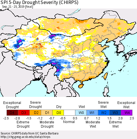 China, Mongolia and Taiwan SPI 5-Day Drought Severity (CHIRPS) Thematic Map For 9/21/2019 - 9/25/2019