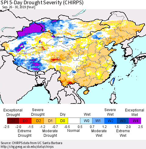 China and Taiwan SPI 5-Day Drought Severity (CHIRPS) Thematic Map For 9/26/2019 - 9/30/2019