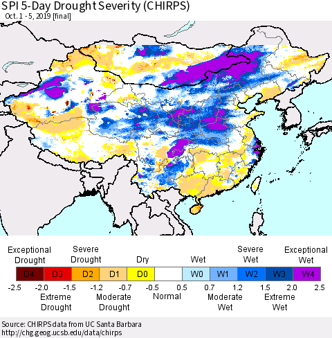 China, Mongolia and Taiwan SPI 5-Day Drought Severity (CHIRPS) Thematic Map For 10/1/2019 - 10/5/2019