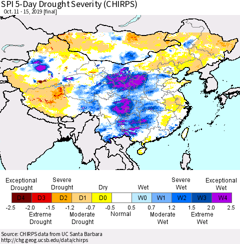 China and Taiwan SPI 5-Day Drought Severity (CHIRPS) Thematic Map For 10/11/2019 - 10/15/2019