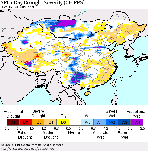 China and Taiwan SPI 5-Day Drought Severity (CHIRPS) Thematic Map For 10/16/2019 - 10/20/2019