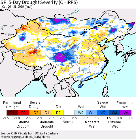 China and Taiwan SPI 5-Day Drought Severity (CHIRPS) Thematic Map For 10/26/2019 - 10/31/2019