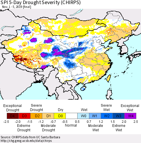 China and Taiwan SPI 5-Day Drought Severity (CHIRPS) Thematic Map For 11/1/2019 - 11/5/2019