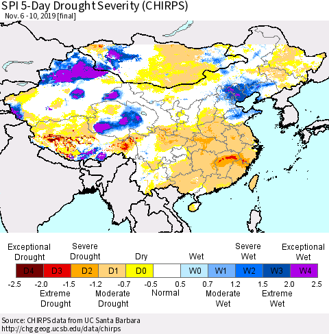 China, Mongolia and Taiwan SPI 5-Day Drought Severity (CHIRPS) Thematic Map For 11/6/2019 - 11/10/2019