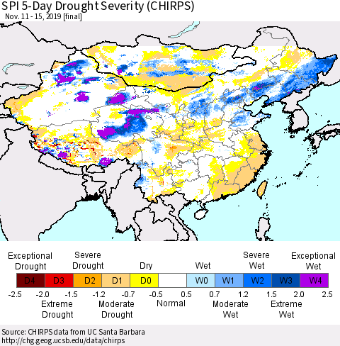 China and Taiwan SPI 5-Day Drought Severity (CHIRPS) Thematic Map For 11/11/2019 - 11/15/2019