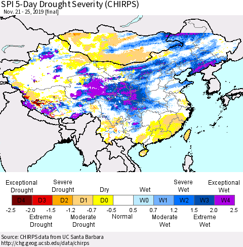 China and Taiwan SPI 5-Day Drought Severity (CHIRPS) Thematic Map For 11/21/2019 - 11/25/2019