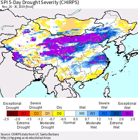 China, Mongolia and Taiwan SPI 5-Day Drought Severity (CHIRPS) Thematic Map For 11/26/2019 - 11/30/2019