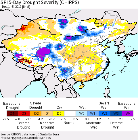China, Mongolia and Taiwan SPI 5-Day Drought Severity (CHIRPS) Thematic Map For 12/1/2019 - 12/5/2019