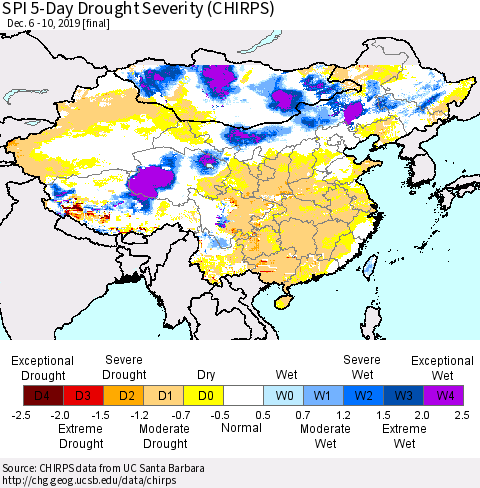 China, Mongolia and Taiwan SPI 5-Day Drought Severity (CHIRPS) Thematic Map For 12/6/2019 - 12/10/2019