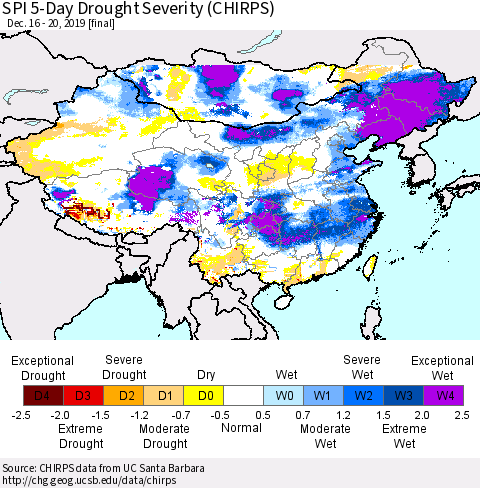 China, Mongolia and Taiwan SPI 5-Day Drought Severity (CHIRPS) Thematic Map For 12/16/2019 - 12/20/2019
