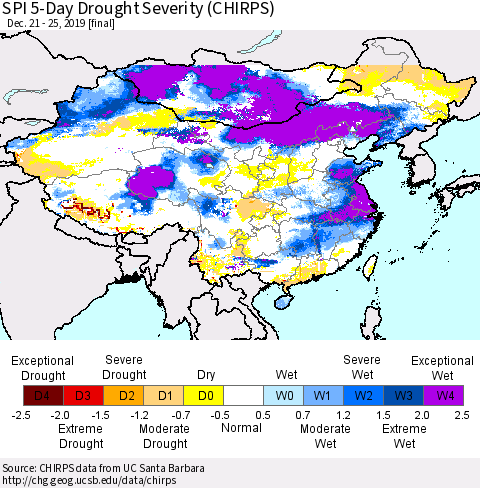 China and Taiwan SPI 5-Day Drought Severity (CHIRPS) Thematic Map For 12/21/2019 - 12/25/2019