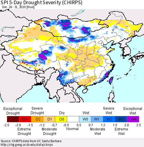 China, Mongolia and Taiwan SPI 5-Day Drought Severity (CHIRPS) Thematic Map For 12/26/2019 - 12/31/2019