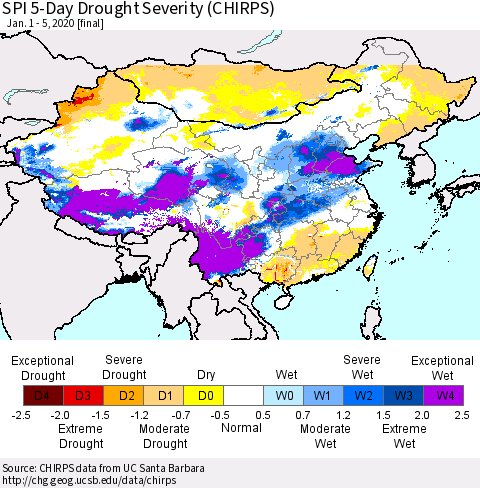 China and Taiwan SPI 5-Day Drought Severity (CHIRPS) Thematic Map For 1/1/2020 - 1/5/2020
