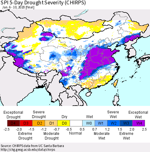China and Taiwan SPI 5-Day Drought Severity (CHIRPS) Thematic Map For 1/6/2020 - 1/10/2020