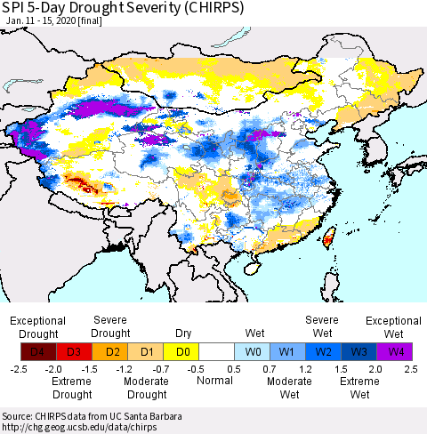 China and Taiwan SPI 5-Day Drought Severity (CHIRPS) Thematic Map For 1/11/2020 - 1/15/2020