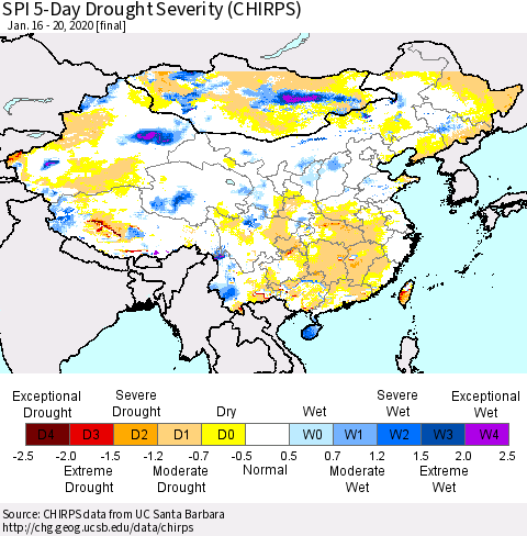 China and Taiwan SPI 5-Day Drought Severity (CHIRPS) Thematic Map For 1/16/2020 - 1/20/2020