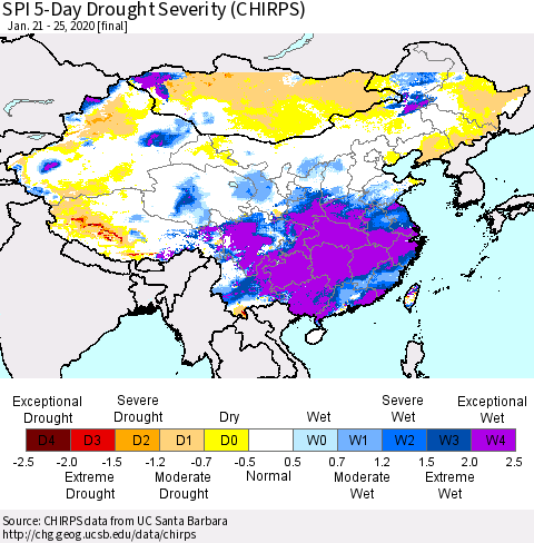 China and Taiwan SPI 5-Day Drought Severity (CHIRPS) Thematic Map For 1/21/2020 - 1/25/2020