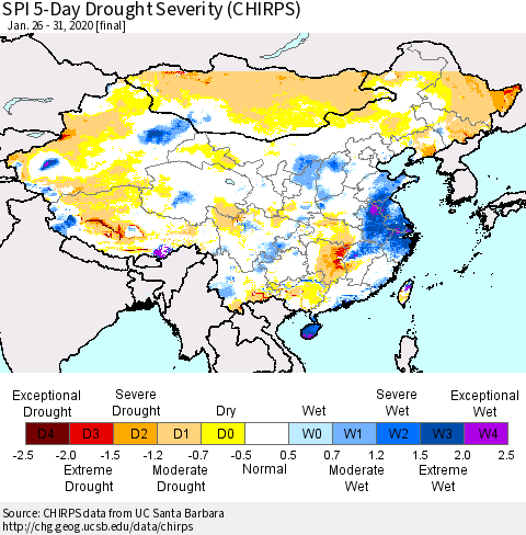 China and Taiwan SPI 5-Day Drought Severity (CHIRPS) Thematic Map For 1/26/2020 - 1/31/2020