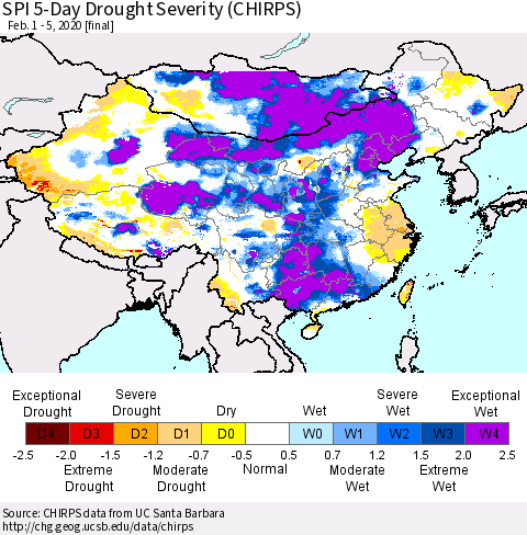 China and Taiwan SPI 5-Day Drought Severity (CHIRPS) Thematic Map For 2/1/2020 - 2/5/2020