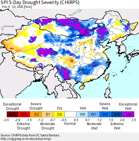 China, Mongolia and Taiwan SPI 5-Day Drought Severity (CHIRPS) Thematic Map For 2/6/2020 - 2/10/2020