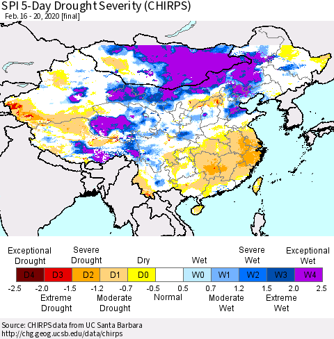 China and Taiwan SPI 5-Day Drought Severity (CHIRPS) Thematic Map For 2/16/2020 - 2/20/2020