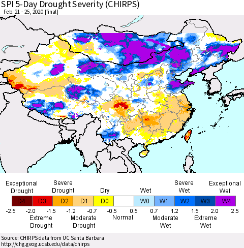 China and Taiwan SPI 5-Day Drought Severity (CHIRPS) Thematic Map For 2/21/2020 - 2/25/2020