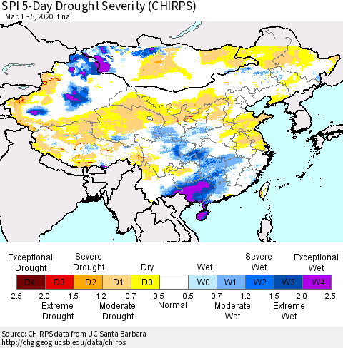 China and Taiwan SPI 5-Day Drought Severity (CHIRPS) Thematic Map For 3/1/2020 - 3/5/2020