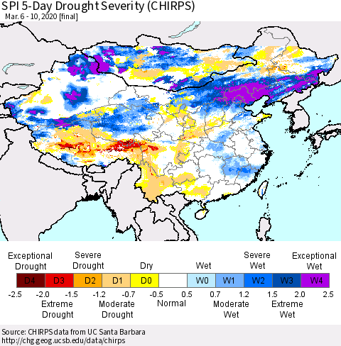 China and Taiwan SPI 5-Day Drought Severity (CHIRPS) Thematic Map For 3/6/2020 - 3/10/2020