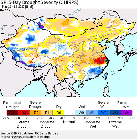 China, Mongolia and Taiwan SPI 5-Day Drought Severity (CHIRPS) Thematic Map For 3/11/2020 - 3/15/2020