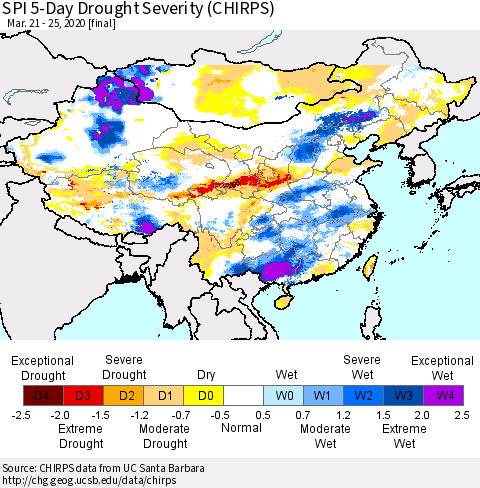China and Taiwan SPI 5-Day Drought Severity (CHIRPS) Thematic Map For 3/21/2020 - 3/25/2020