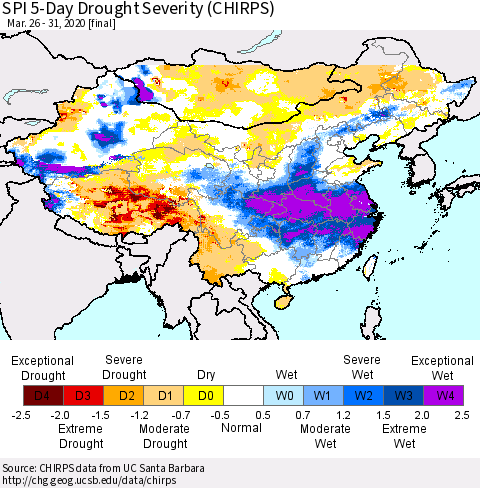 China, Mongolia and Taiwan SPI 5-Day Drought Severity (CHIRPS) Thematic Map For 3/26/2020 - 3/31/2020