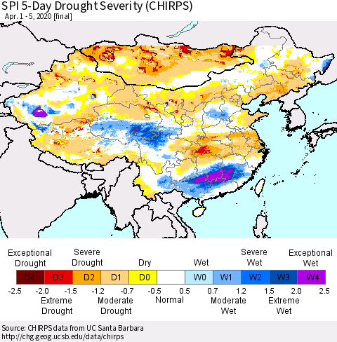 China and Taiwan SPI 5-Day Drought Severity (CHIRPS) Thematic Map For 4/1/2020 - 4/5/2020